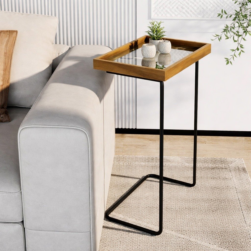 Mesa de Apoio Espelhada Lupus Amadeirado/Preto – DELINE DECOR