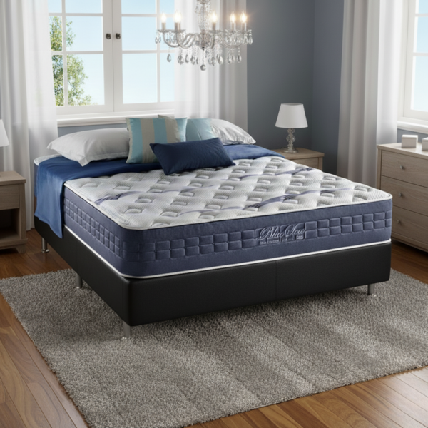 Colchão Casal Blue Sea 31 cm D28 Molas Ensacadas + Base Simples Corino Preto – ANJOS + ALTO NÍVEL