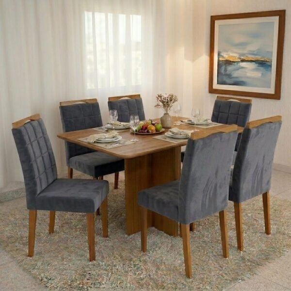 Mesa Salinas 160 (Tampo Londres s/ vidro) Cinamomo com 6 Cadeiras Las Vegas Veludo Cinza Grafite 10 – CEL MÓVEIS + OURO