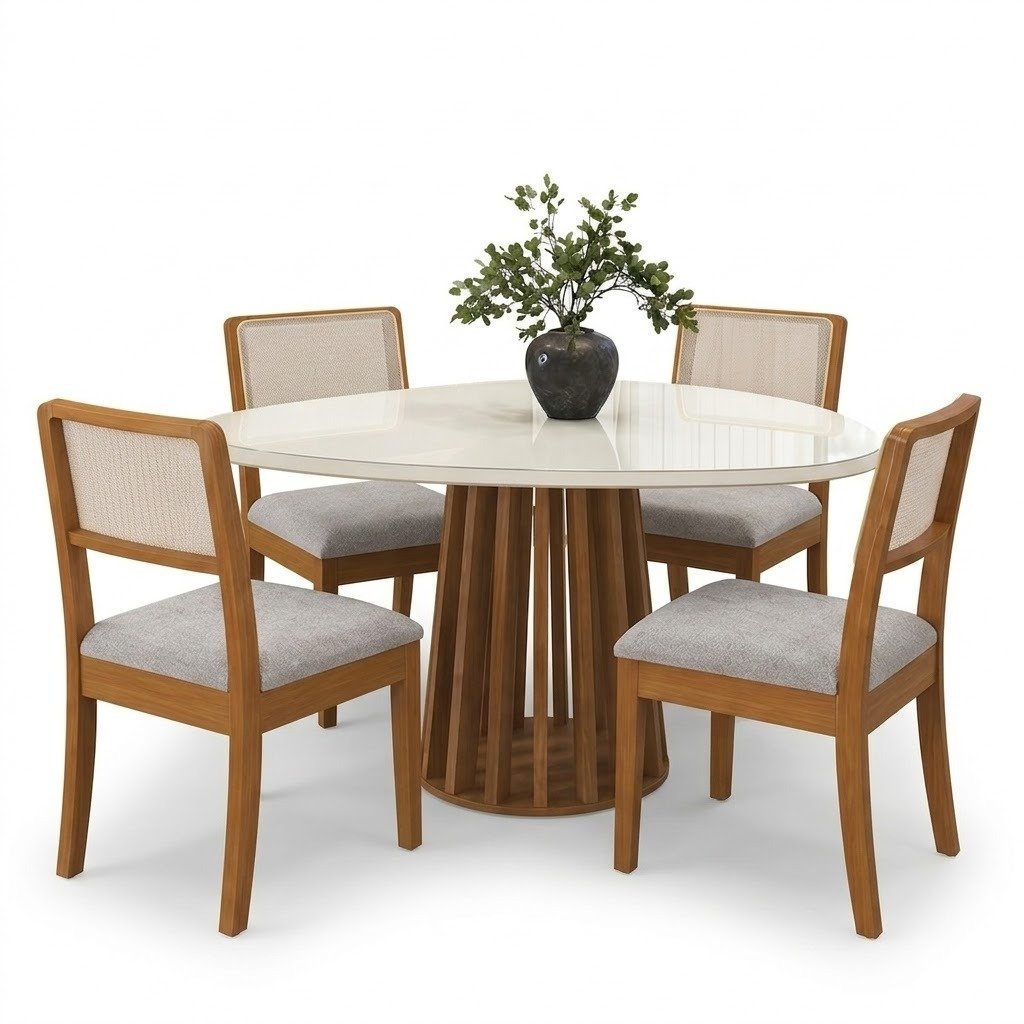 Mesa Lavanda BA45 135 Canela/Off White com 4 Cadeiras Lola 2CMM004CA Linho Gelo A077A – KAPPESBERG - Imagem 2