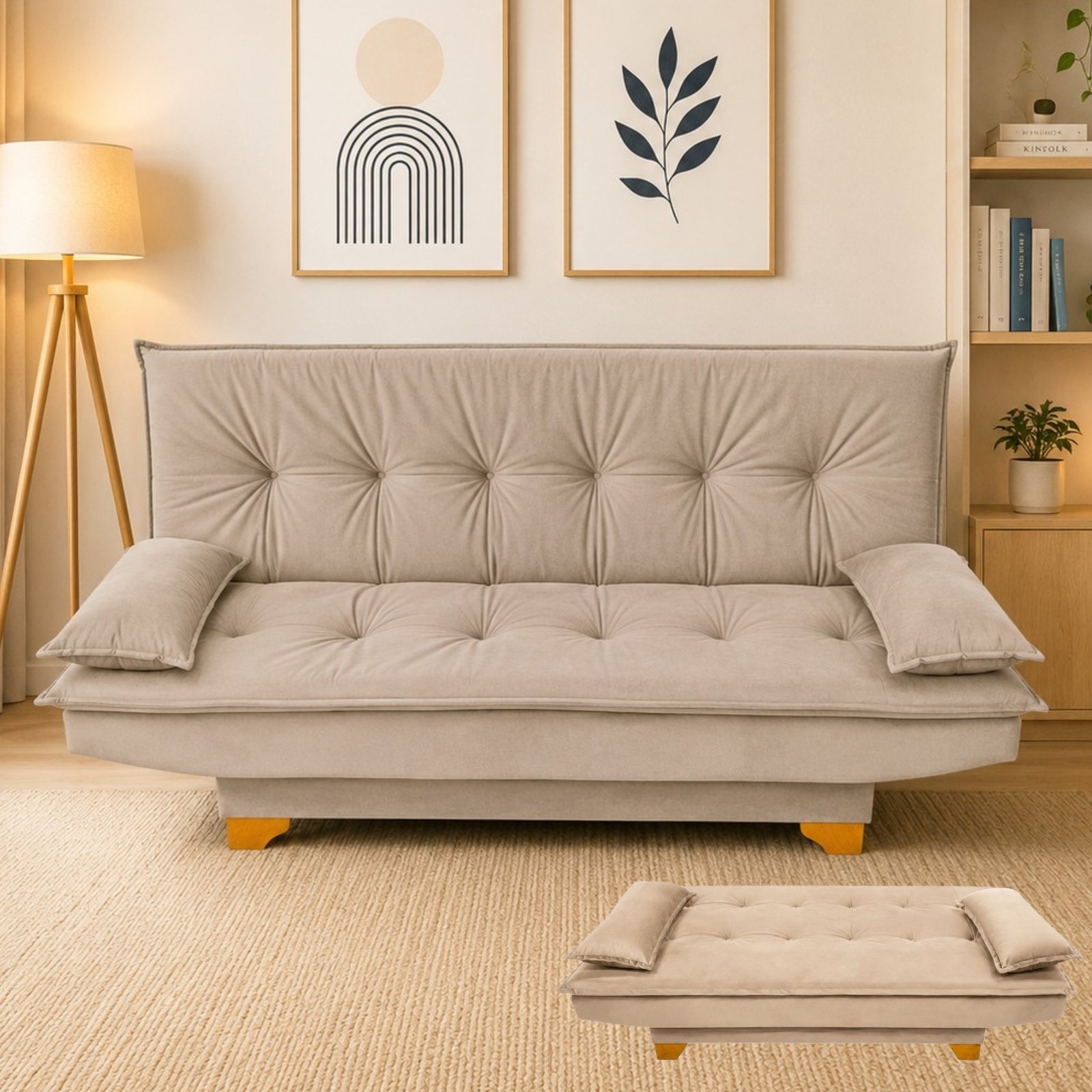 Sofá Cama Veneza 1,88 m Veludo Bege 194 - TOP ESTOFADOS