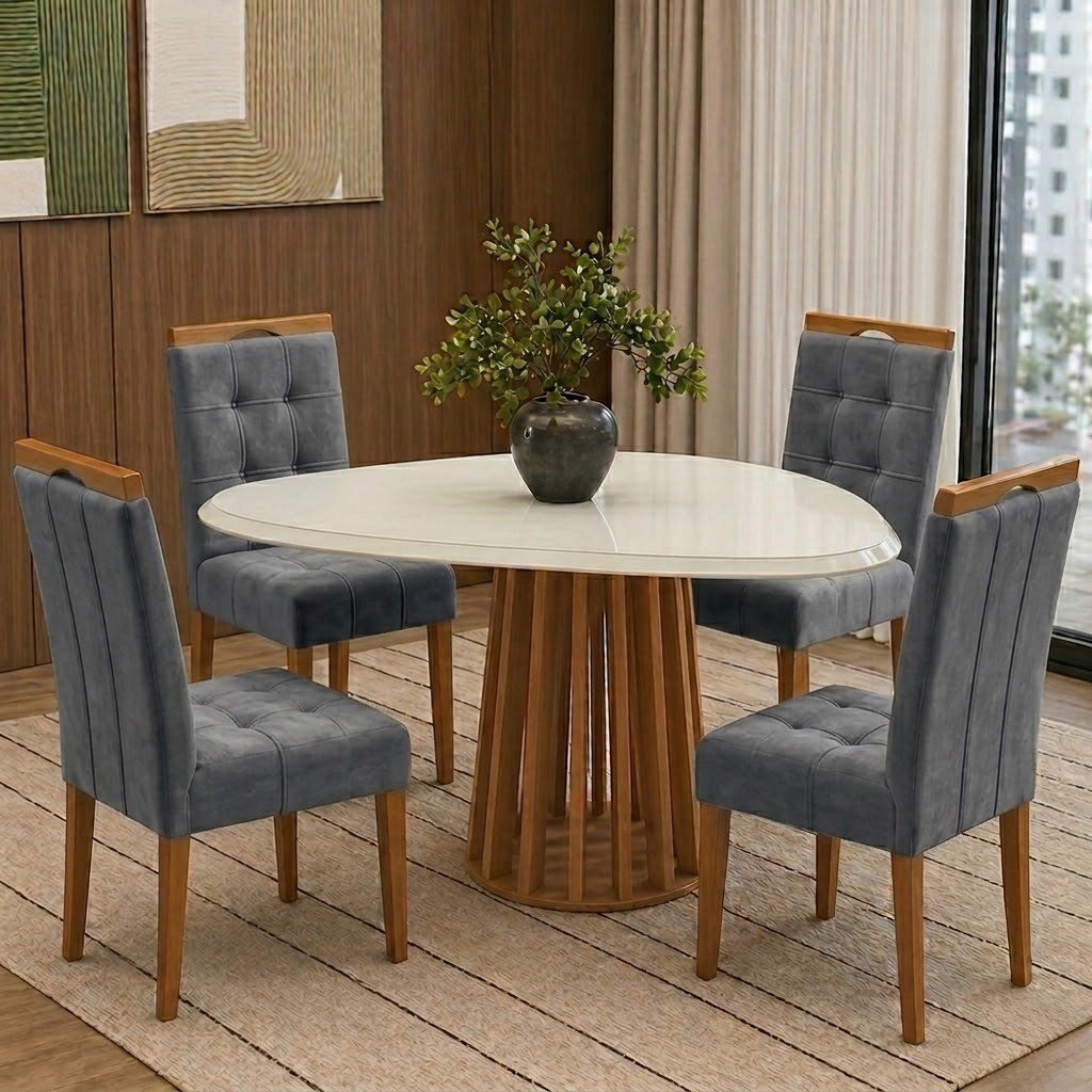 Mesa Lavanda BA45 135 Canela/Off White com 4 Cadeiras Sophia Veludo Cinza Grafite 102 - KAPPESBERG + WM DECOR