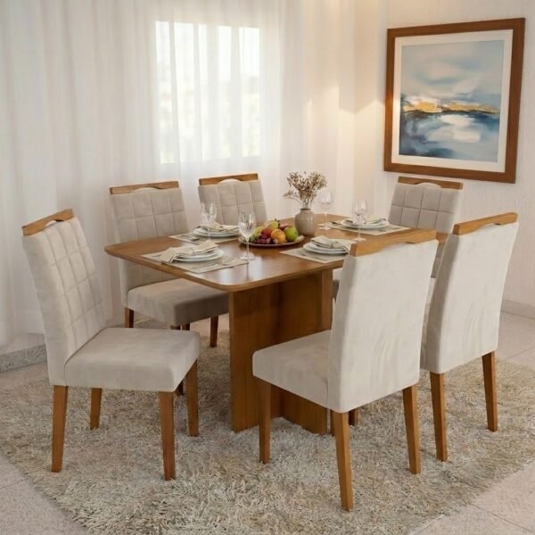 Mesa Salinas 160 (Tampo Londres s/ vidro) Cinamomo com 6 Cadeiras Las Vegas Veludo Bege 01 – CEL MÓVEIS + OURO DECOR