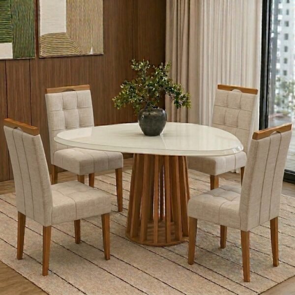 Mesa Lavanda BA45 135 Canela/Off White com 4 Cadeiras Sophia Linho Bege 200 - KAPPESBERG + WM DECOR
