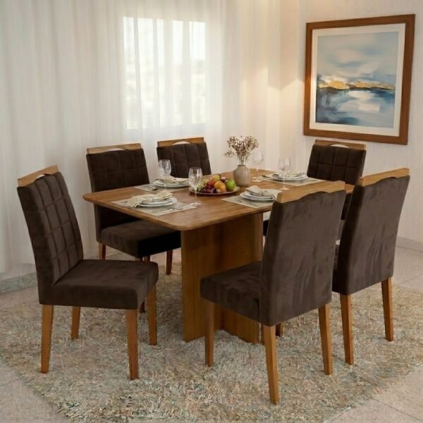 Mesa Salinas 160 (Tampo Londres s/ vidro) Cinamomo com 6 Cadeiras Las Vegas Veludo Marrom 17 – CEL MÓVEIS + OURO DECOR