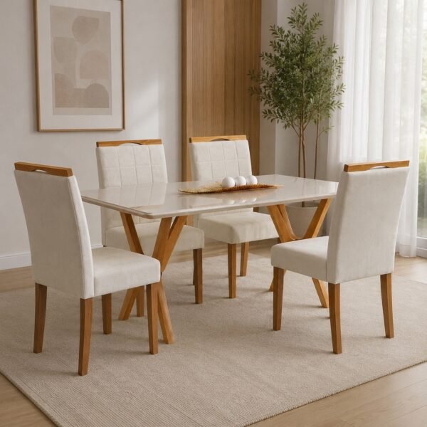 Mesa Essência 120 (C/Vidro) Cinamomo/Off White com 4 Cadeiras Las Vegas Veludo Bege 01 – JCM MOVELARIA + OURO DECOR