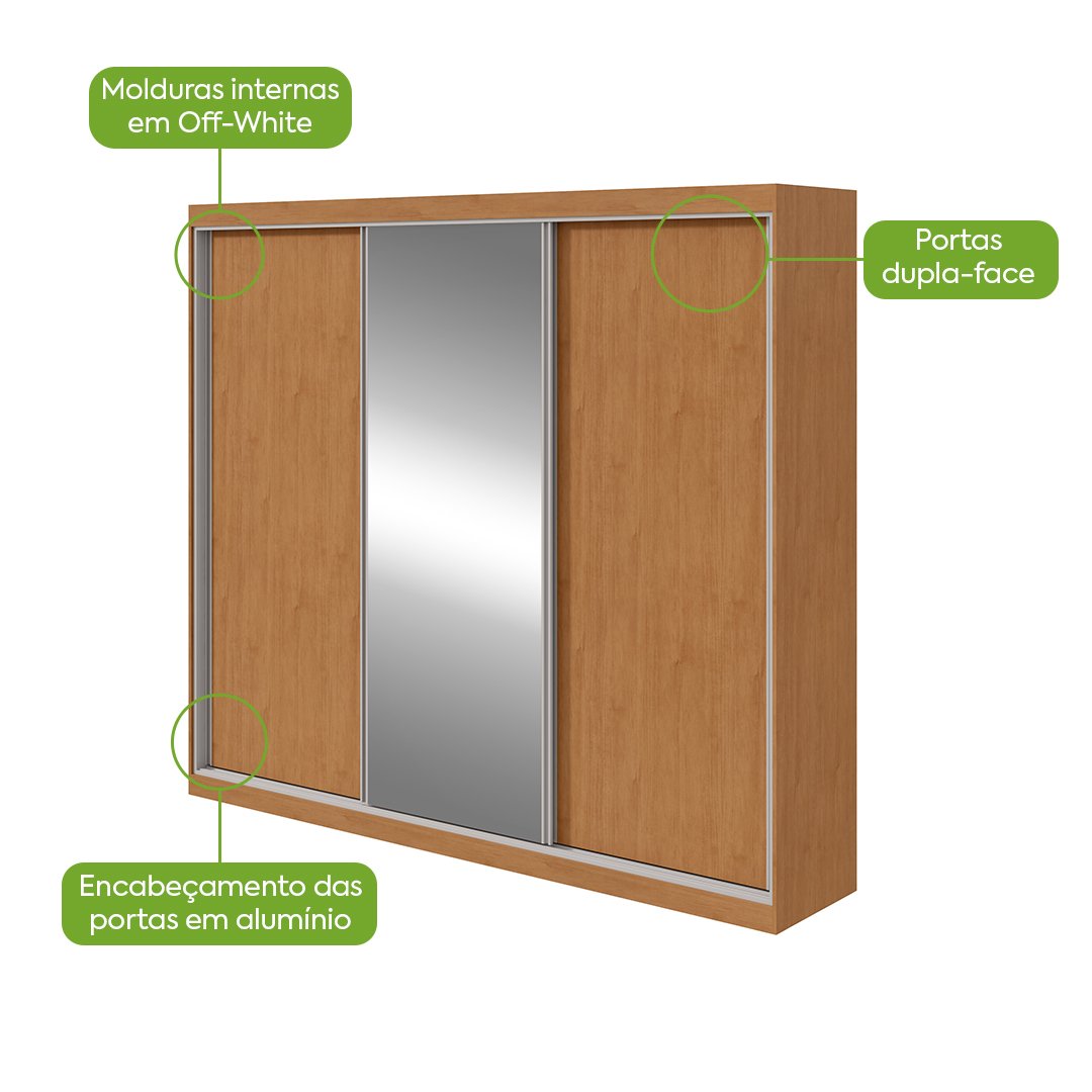 Guarda-Roupa 3 Portas Quadrix 2,30 m Amêndoa Clean/Off White/Amêndoa Clean – LOPAS - Imagem 7