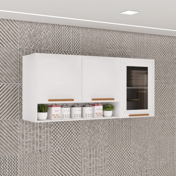 Armário Aéreo 3 portas Vidro Fumê New Valência Branco/Cinamomo - SALLÊTO