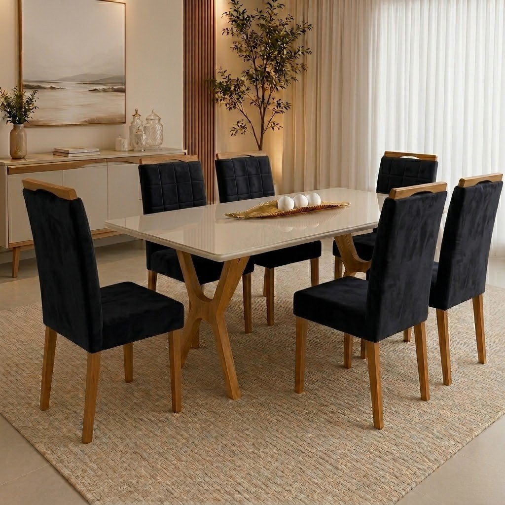 Mesa Essência 180 (C/Vidro) Cinamomo/Off White com 6 Cadeiras Las Vegas Veludo Preto 13 – JCM MOVELARIA + OURO DECOR