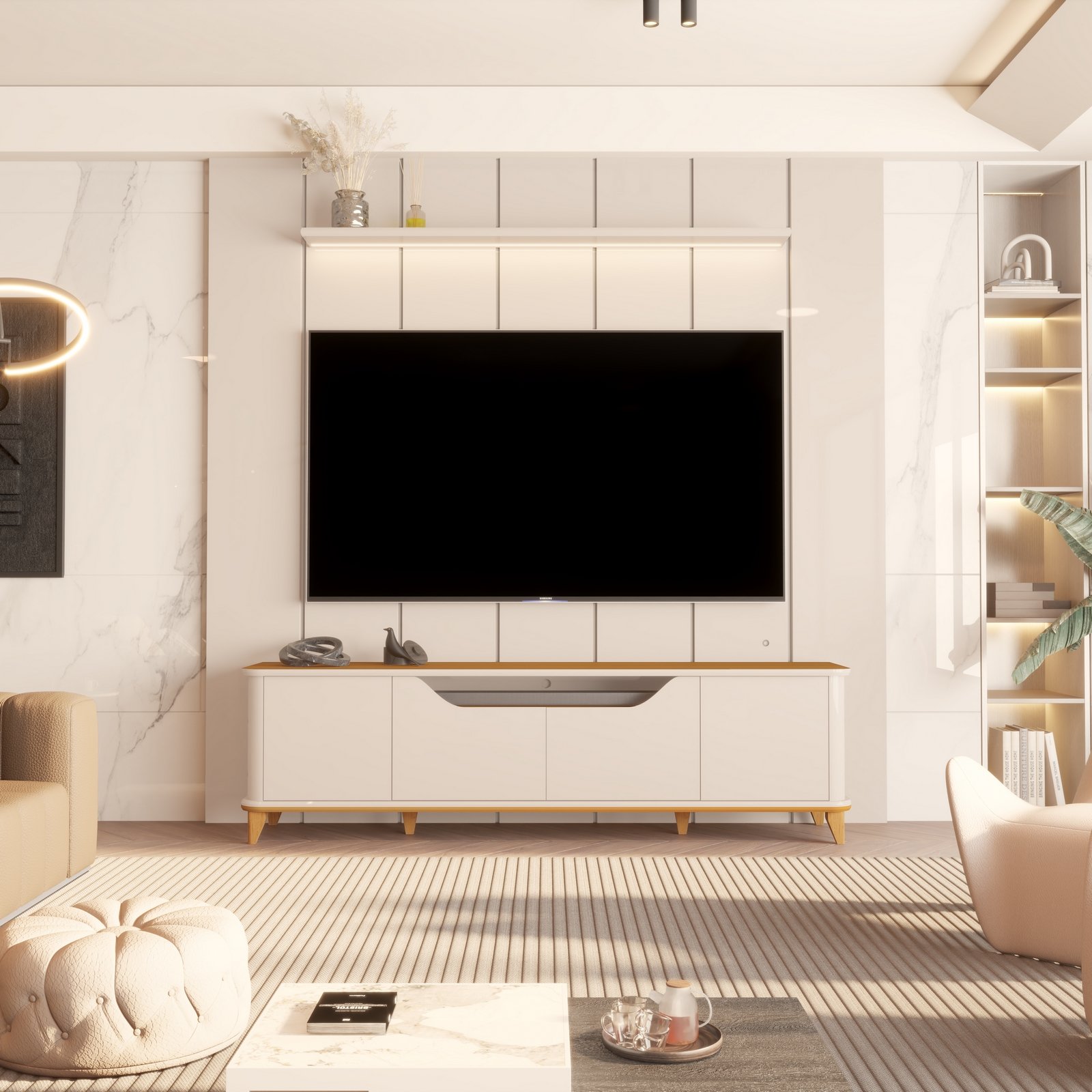 Painel até 75″ Lumi 2.19 Off White + Rack Aron Off White/Cedro – EDN MÓVEIS - Imagem 3