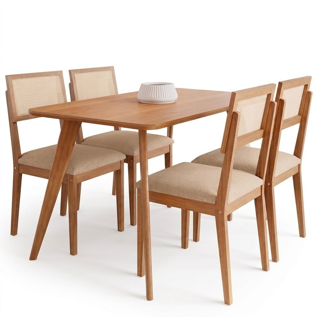 Mesa Acerola 130 (S/Vidro) Madeira/Off White com 4 Cadeiras Encanto Linho Bege – CIMOL - Imagem 2
