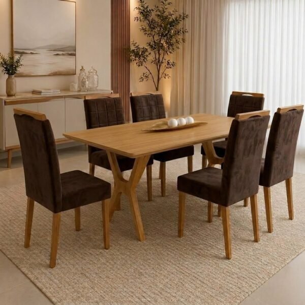 Mesa Essência 180 (S/Vidro) Cinamomo com 6 Cadeiras Las Vegas Veludo Marrom 17 – JCM MOVELARIA + OURO DECOR