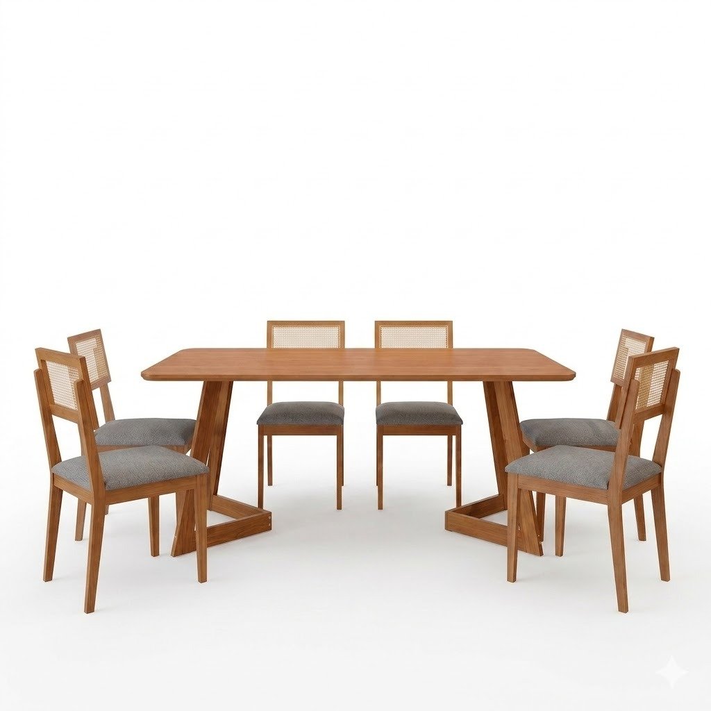 Mesa Caju 180 (S/Vidro) Madeira/Off White com 6 Cadeiras Palmas Linho Cinza Grafite – CIMOL - Imagem 2