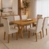 Mesa Essência 180 (S/Vidro) Cinamomo com 6 Cadeiras Las Vegas Veludo Bege 01 – JCM MOVELARIA + OURO DECOR