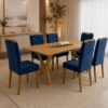 Mesa Essência 180 (S/Vidro) Cinamomo com 6 Cadeiras Las Vegas Veludo Azul 24 – JCM MOVELARIA + OURO DECOR