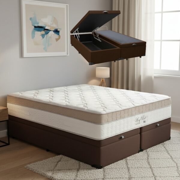 Colchão Queen King Best 28 cm D28 Molas Ensacadas + Base Baú Corino Marrom – ANJOS + ALTO NÍVEL