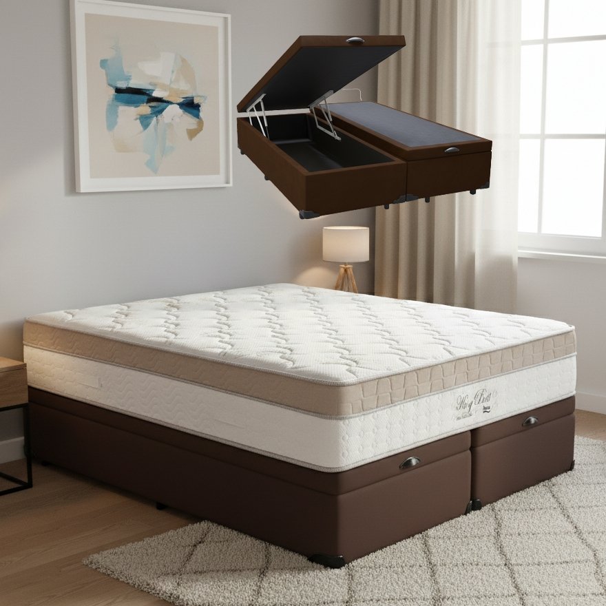 Colchão Queen King Best 28 cm D28 Molas Ensacadas + Base Baú Corino Marrom – ANJOS + ALTO NÍVEL
