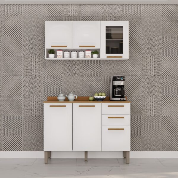 Armário Aéreo Vidro Fumê + Balcão New Valência Branco/Cinamomo - SALLÊTO