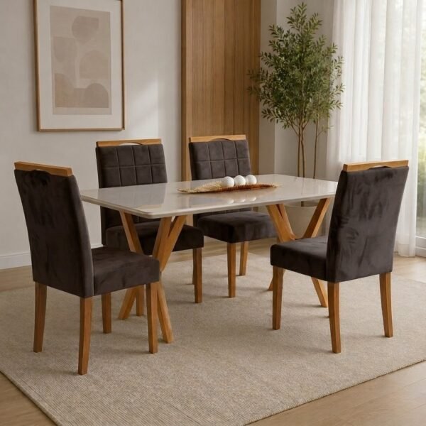Mesa Essência 120 (C/Vidro) Cinamomo/Off White com 4 Cadeiras Las Vegas Veludo Marrom 17 – JCM MOVELARIA + OURO DECOR