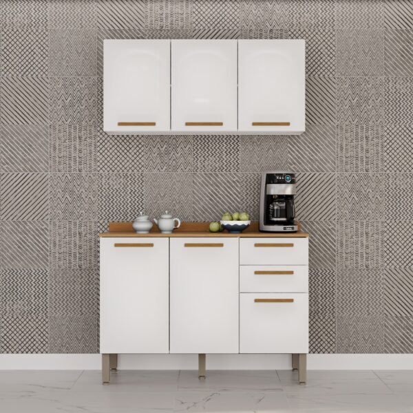 Armário Aéreo Triplo + Balcão New Valência Branco/Cinamomo - SALLÊTO