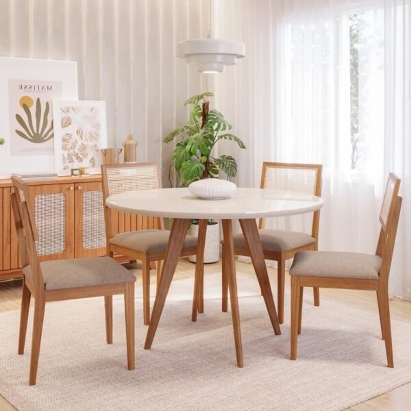 Mesa Redonda Acerola 109 (C/Vidro) Madeira/Off White com 4 Cadeiras Palmas Linho Bege – CIMOL