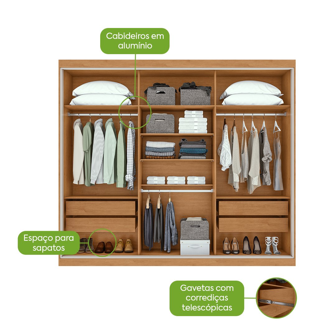 Guarda-Roupa 3 Portas Quadrix 2,30 m Amêndoa Clean/Off White/Amêndoa Clean – LOPAS - Imagem 8