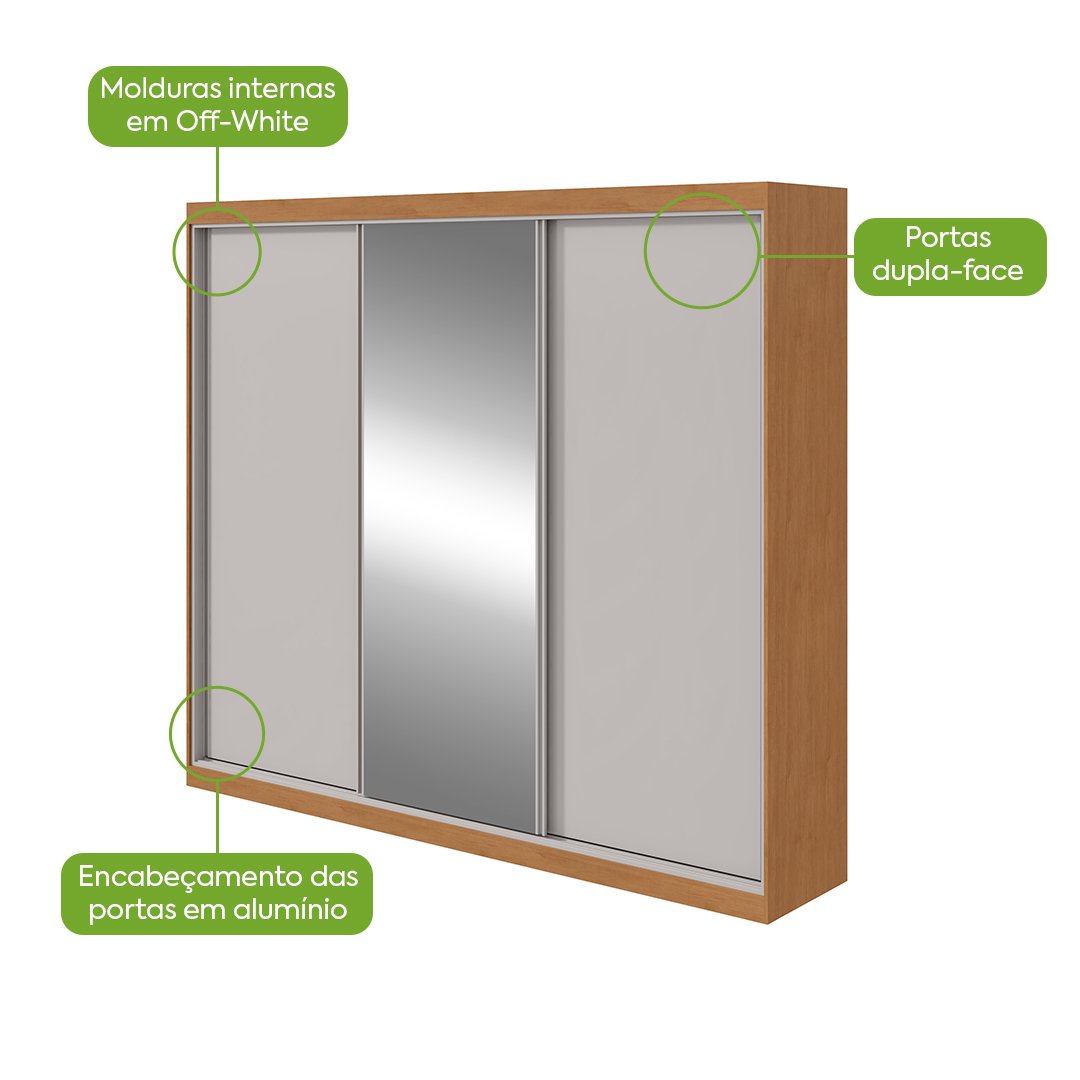 Guarda-Roupa 3 Portas Quadrix 2,30 m Amêndoa Clean/Off White/Amêndoa Clean – LOPAS - Imagem 6