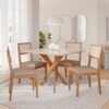 Mesa Cacau 95 (C/Vidro) Madeira/Off White com 4 Cadeiras Encanto Linho Bege – CIMOL