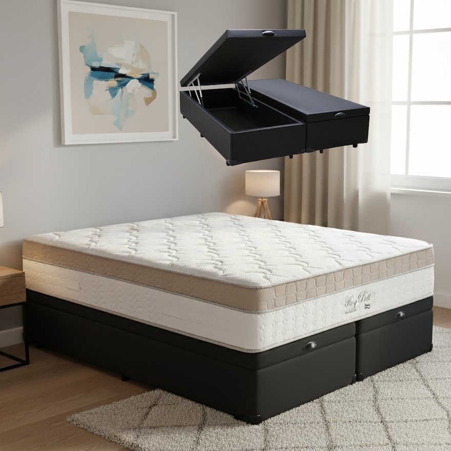 Colchão Queen King Best 28 cm D28 Molas Ensacadas + Base Baú Corino Preto – ANJOS + BIOSTAR