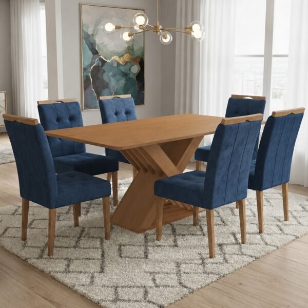 Mesa Graviola BA29 160 (S/Vidro) Canela com 6 Cadeiras Sophia Veludo Azul – KAPPESBERG + WM DECOR
