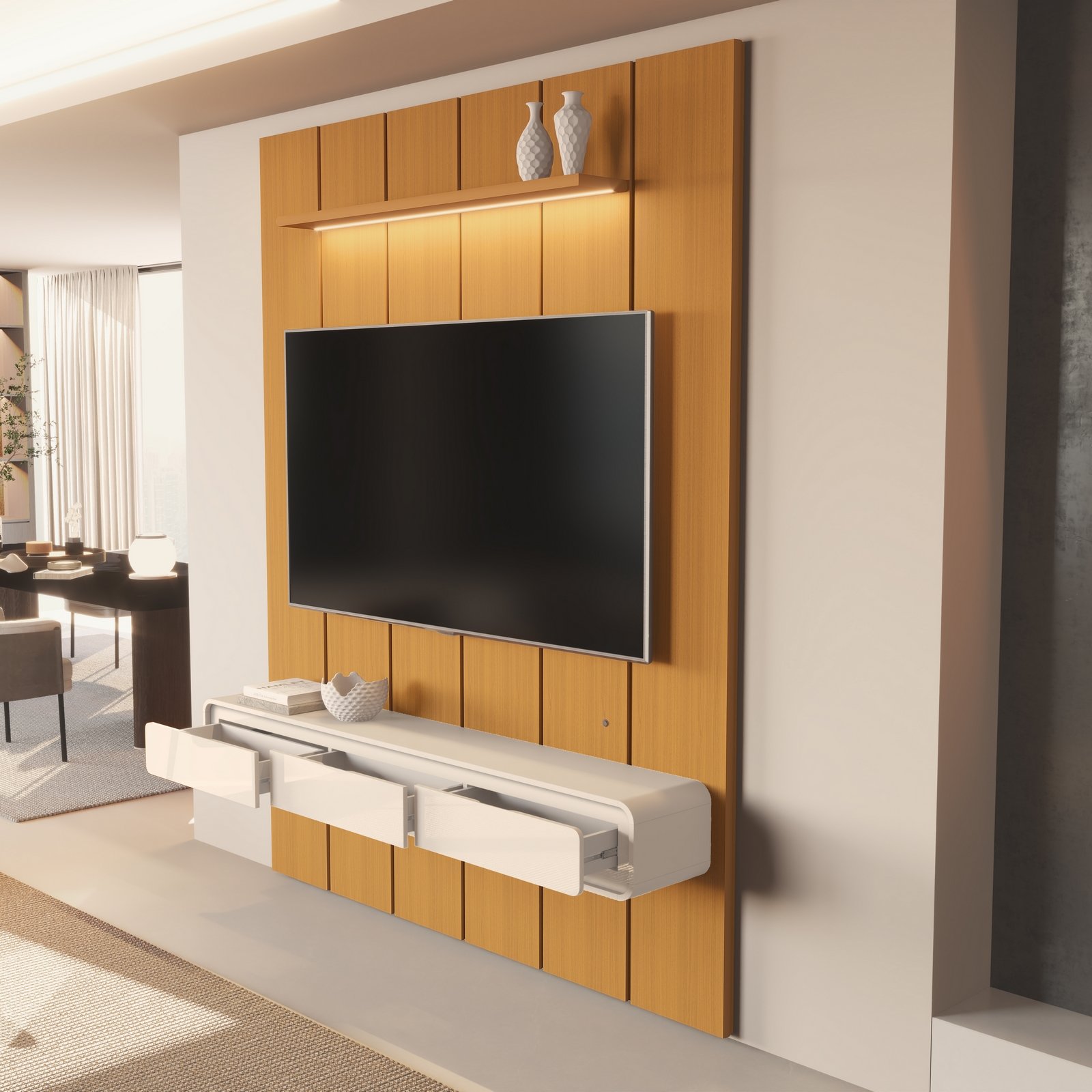 Painel até 75″ Lumi 1,88 m Cedro + Nicho Liv 1,80 Off White – EDN MÓVEIS - Imagem 2