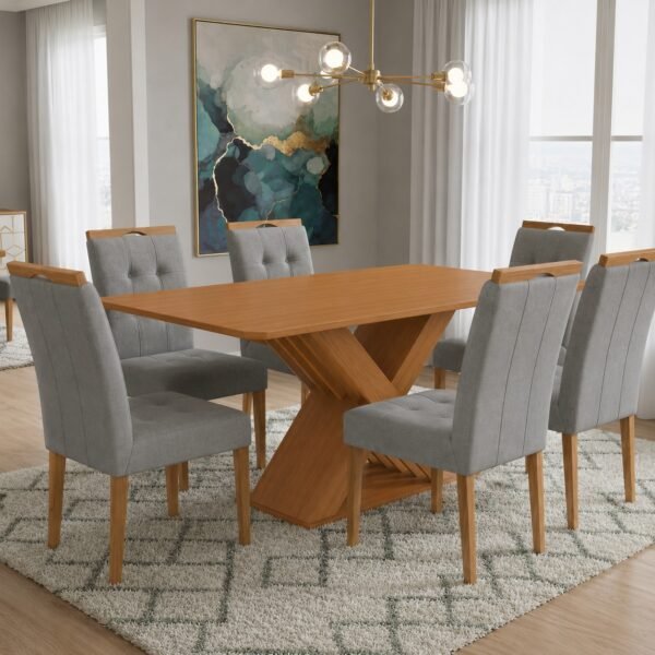 Mesa Graviola BA29 160 (S/Vidro) Canela com 6 Cadeiras Sophia Linho Cinza Grafite 206 – KAPPESBERG + WM DECOR