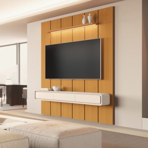 Painel até 75″ Lumi 1,88 m Cedro + Nicho Liv 1,80 Off White – EDN MÓVEIS