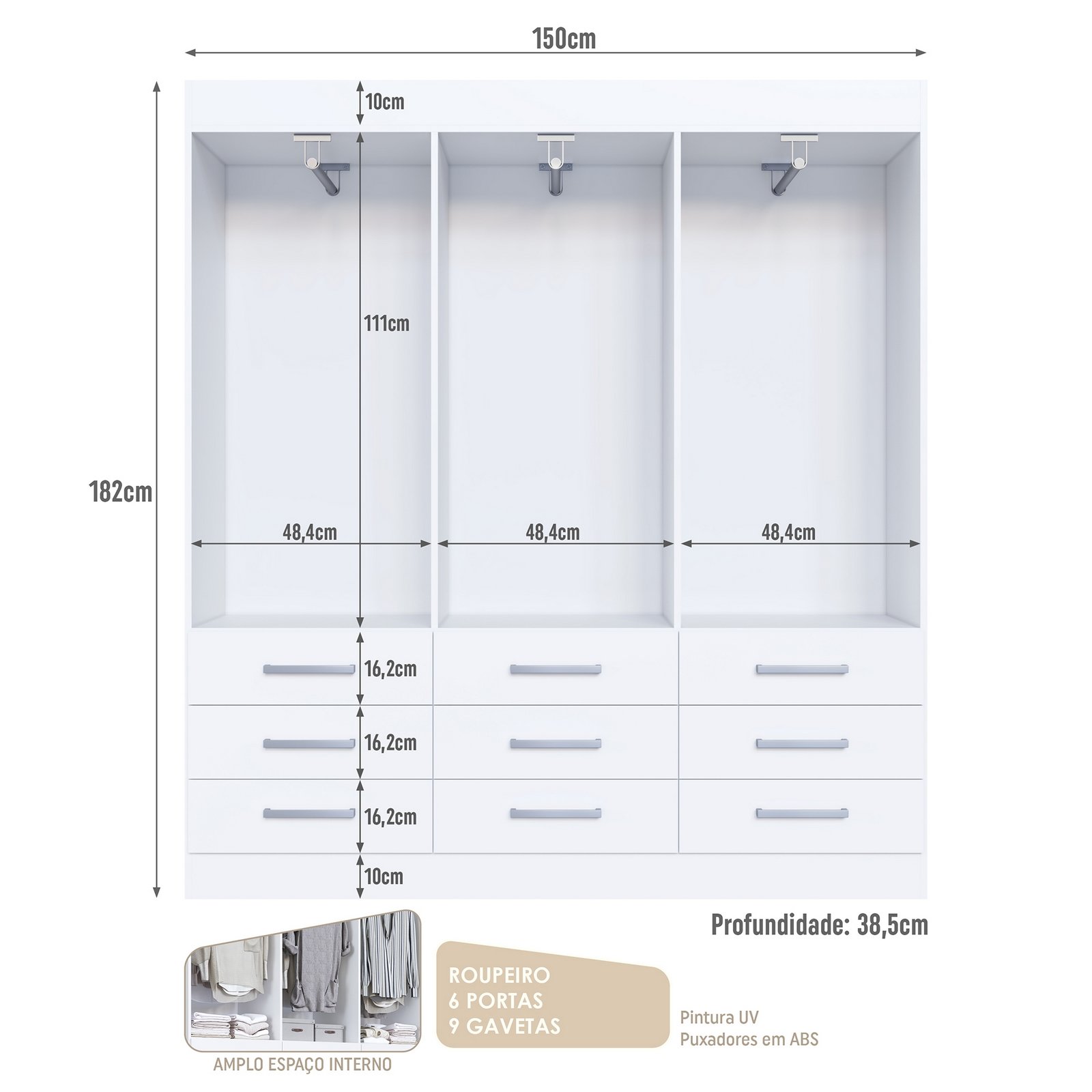 Guarda-Roupa 6 Portas Milão 1,50 m Branco - MÓVEIS CADORIN - Imagem 5