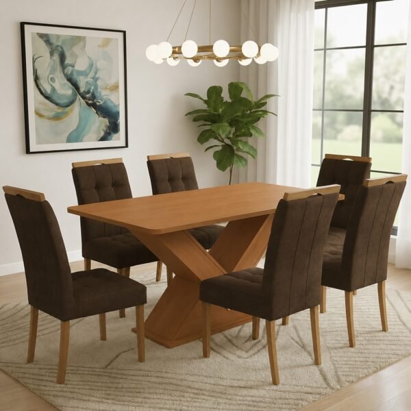 Mesa Amora BA35 160 (S/Vidro) Canela/Off White com 6 Cadeiras Sophia Veludo Marrom – KAPPESBERG + WM DECOR