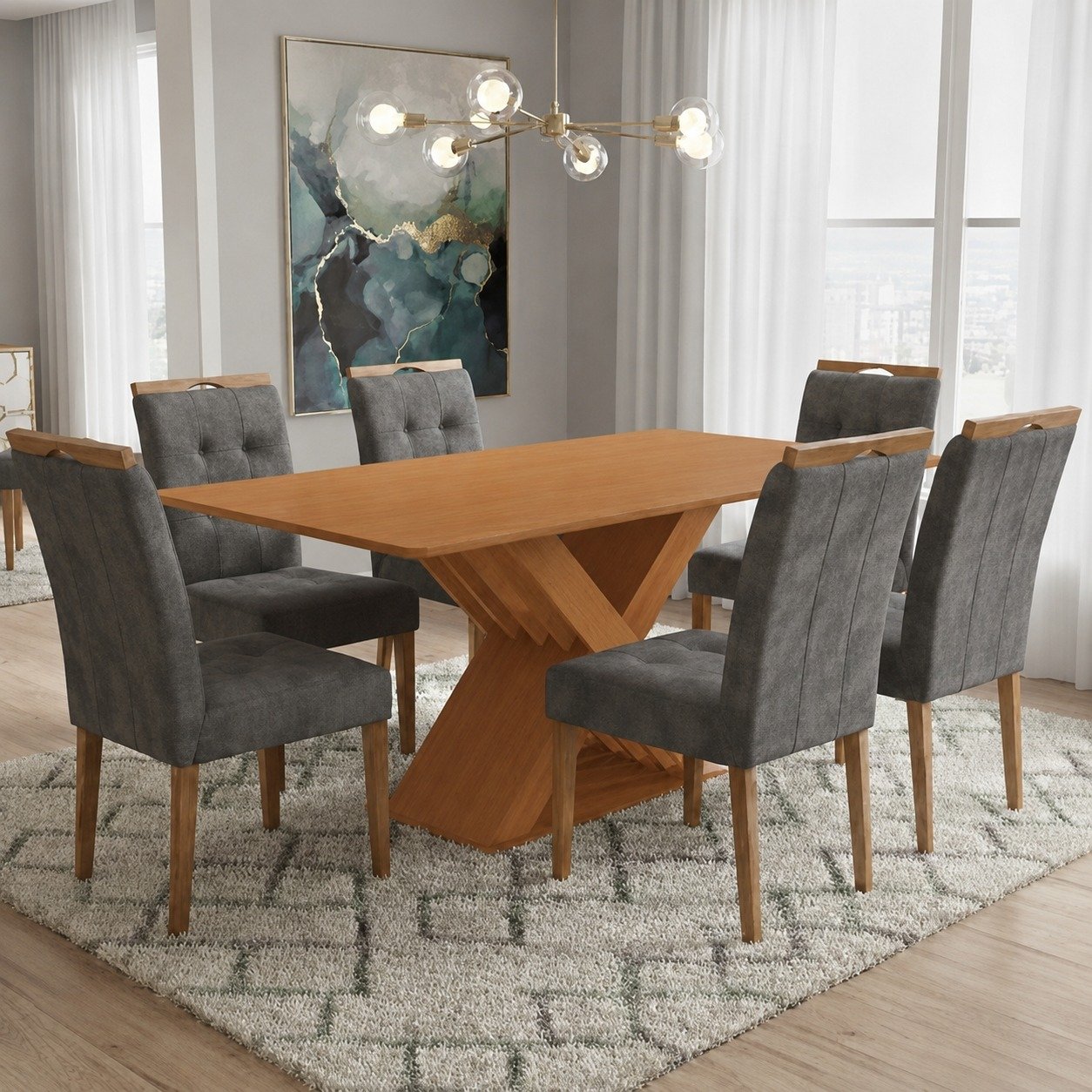 Mesa Graviola BA29 160 (S/Vidro) Canela com 6 Cadeiras Sophia Veludo Cinza Grafite – KAPPESBERG + WM DECOR