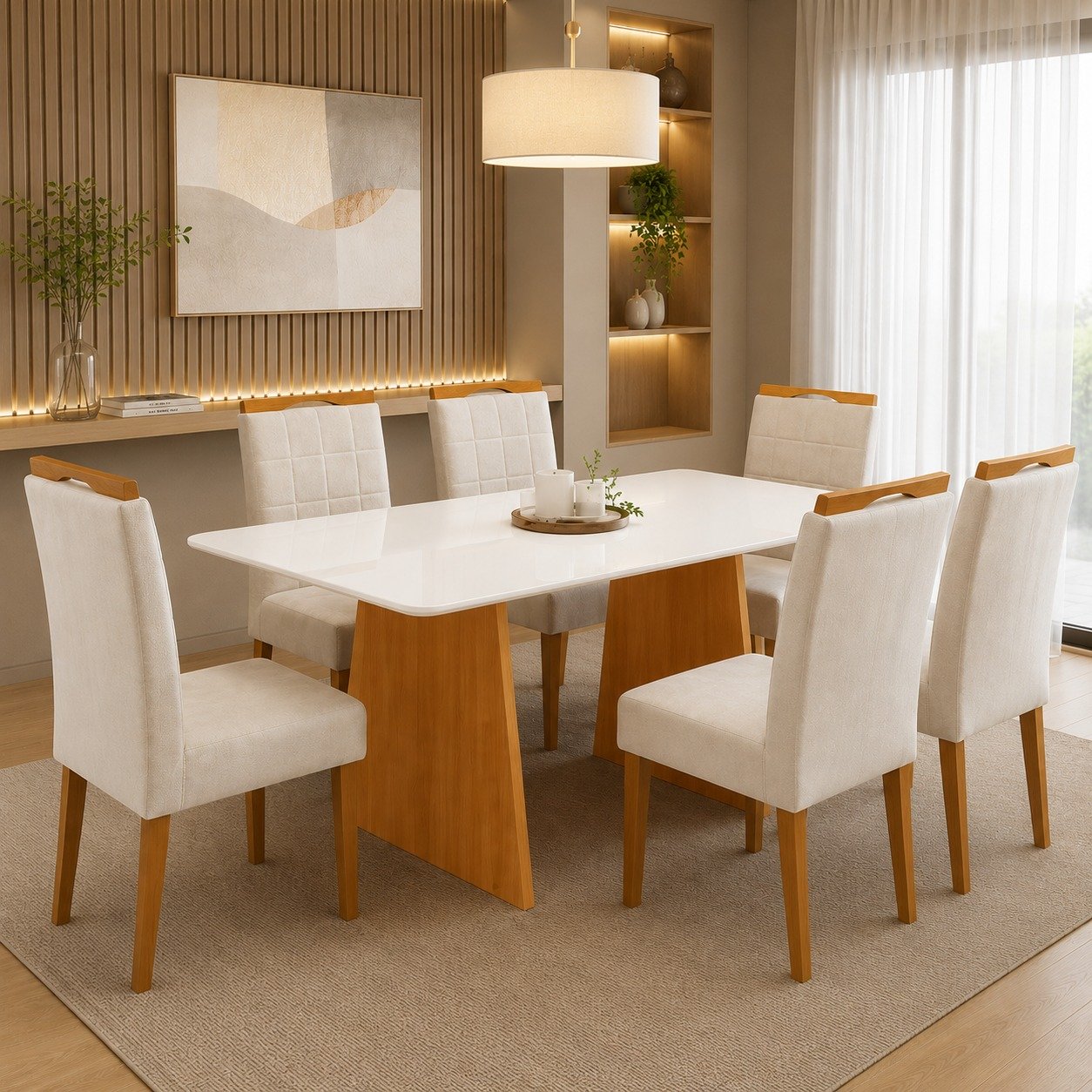 Mesa Londres 160 (Tampo Londres c/vidro) Cinamomo/Off White com 6 Cadeiras Las Vegas Veludo Bege 01 – CEL MÓVEIS + OURO DECOR