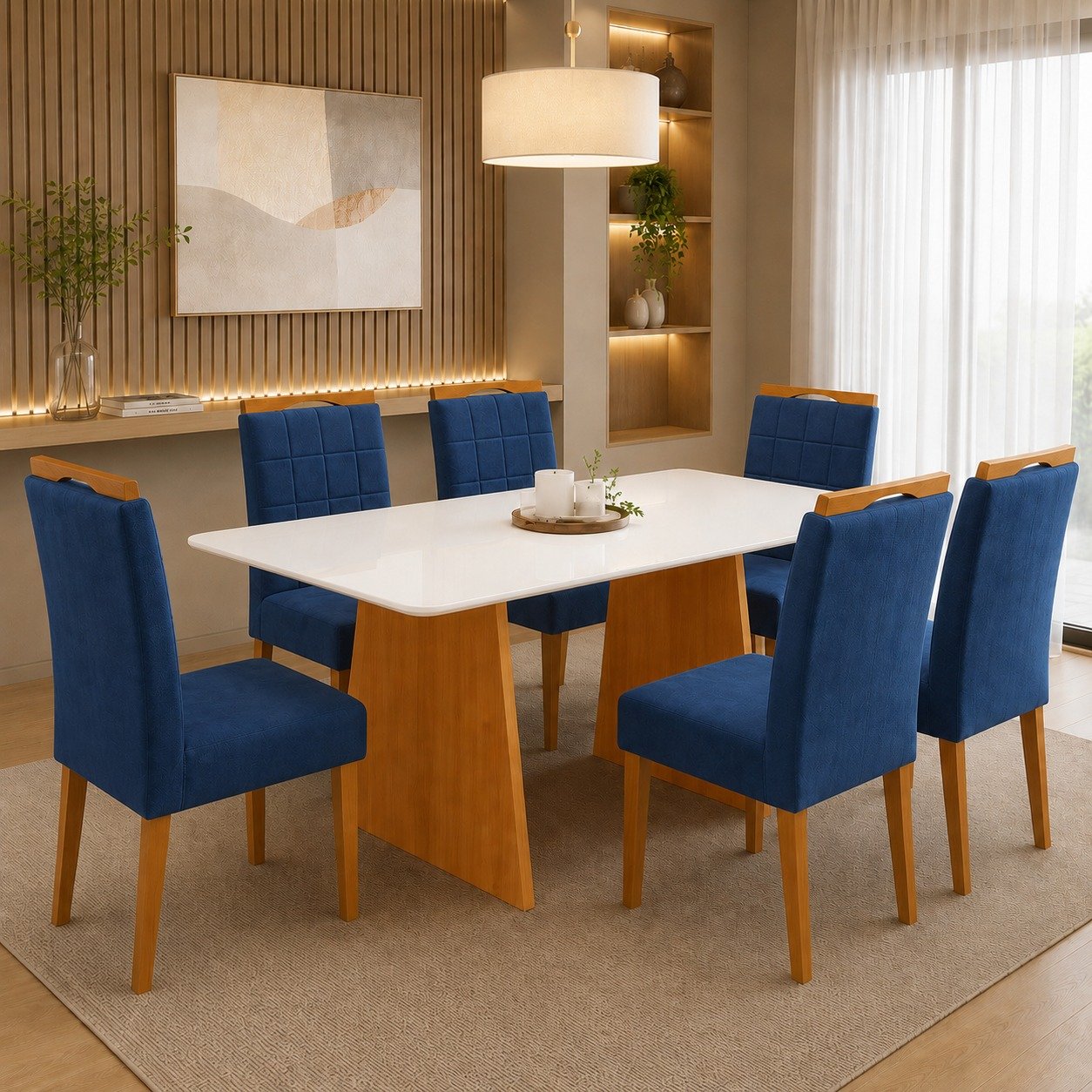 Mesa Londres 160 (Tampo Londres c/vidro) Cinamomo/Off White com 6 Cadeiras Las Vegas Veludo Azul 24 – CEL MÓVEIS + OURO DECOR