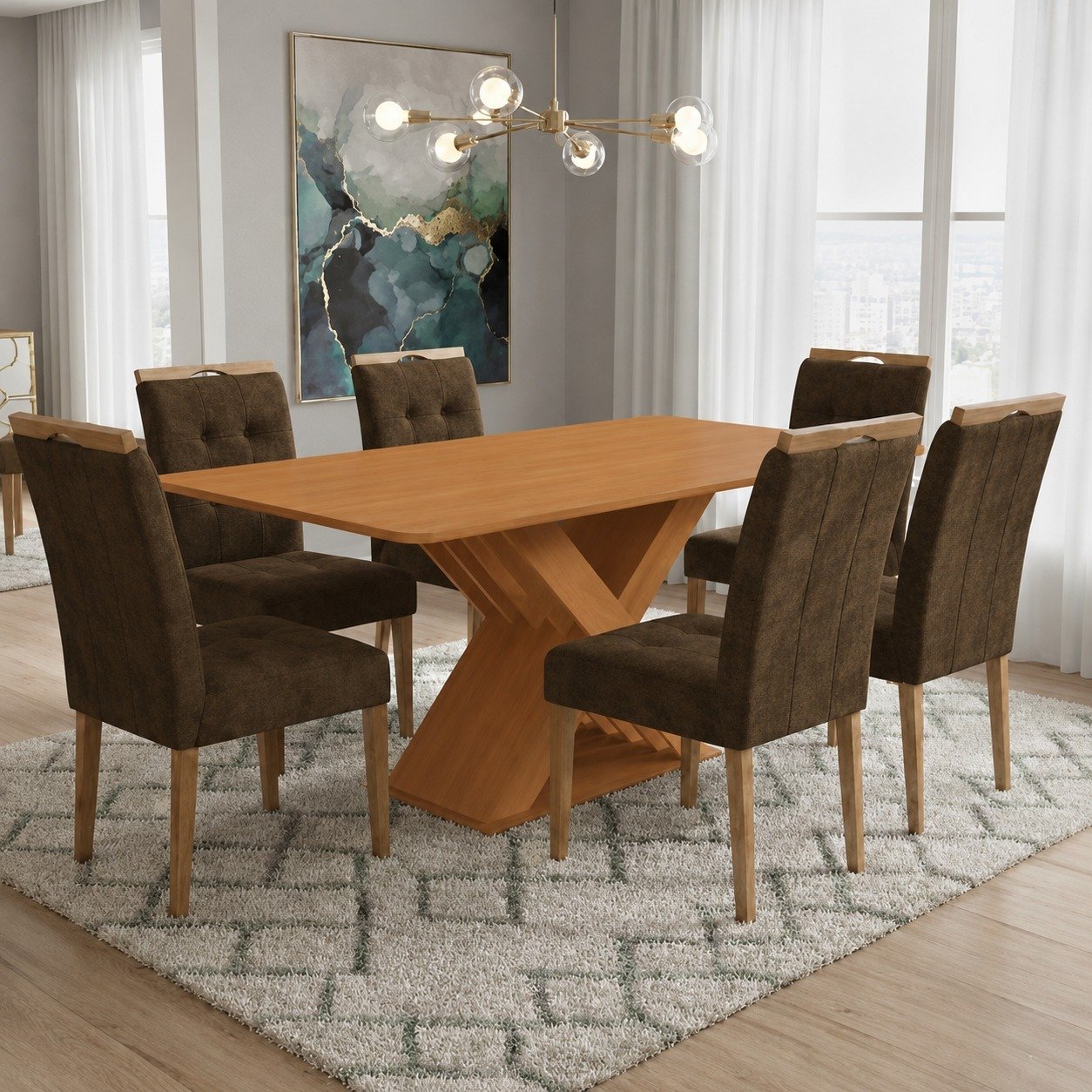 Mesa Graviola BA29 160 (S/Vidro) Canela com 6 Cadeiras Sophia Veludo Marrom – KAPPESBERG + WM DECOR