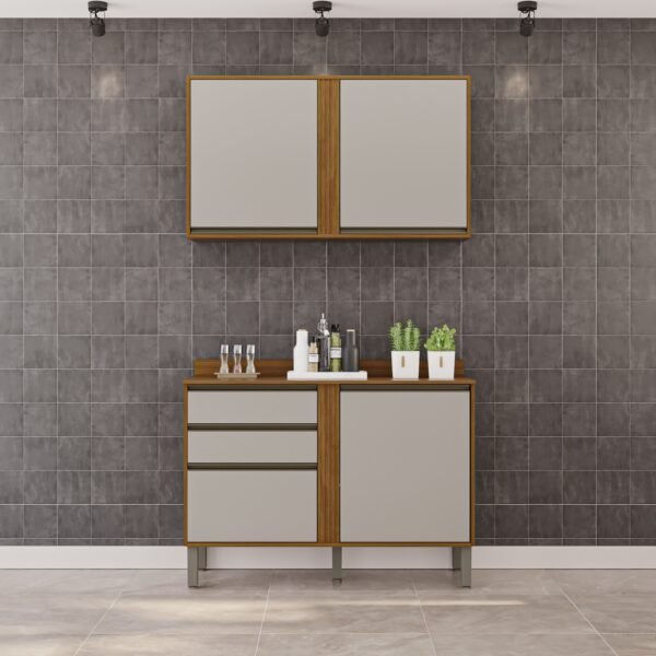 Armário Aéreo 2 Portas + Balcão Pérola 1,20 m Cinamomo/Off White  – SALLÊTO