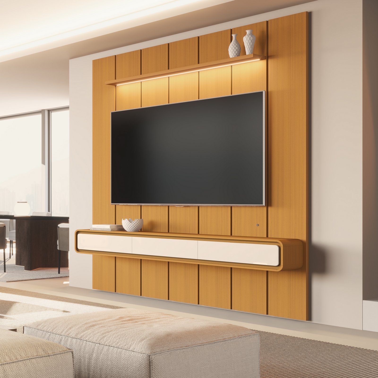 Painel até 75″ Lumi 2,19 m Cedro + Nicho Liv 2,18 m Cedro/Off White – EDN MÓVEIS