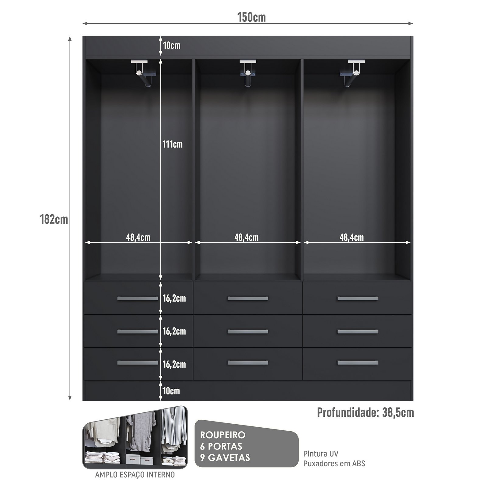 Guarda-Roupa 6 Portas Milão 1,50 m Preto - MÓVEIS CADORIN - Imagem 4