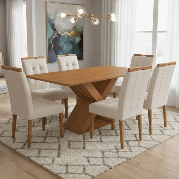 Mesa Graviola BA29 160 (S/Vidro) Canela com 6 Cadeiras Sophia Veludo Bege – KAPPESBERG + WM DECOR