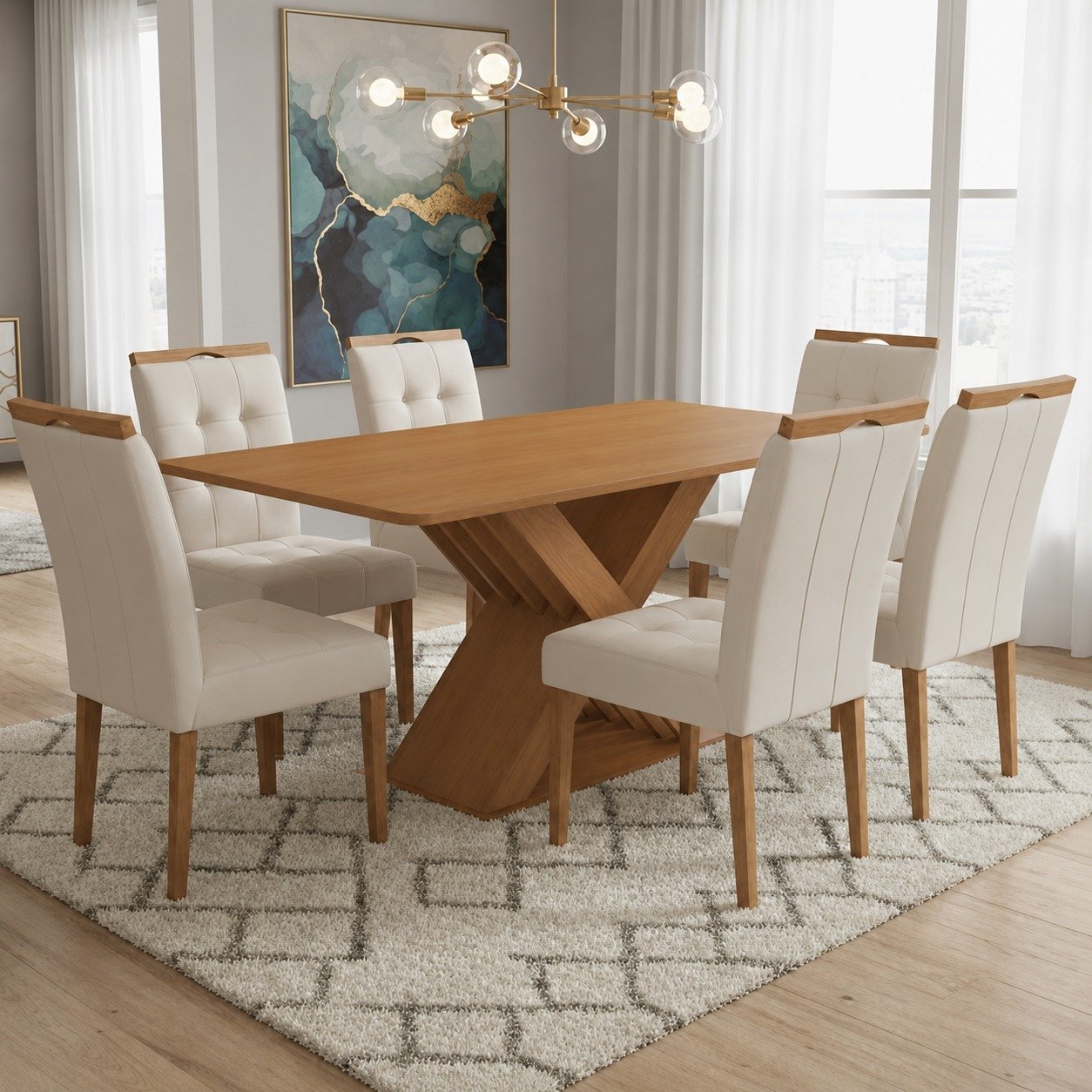 Mesa Graviola BA29 160 (S/Vidro) Canela com 6 Cadeiras Sophia Veludo Bege – KAPPESBERG + WM DECOR