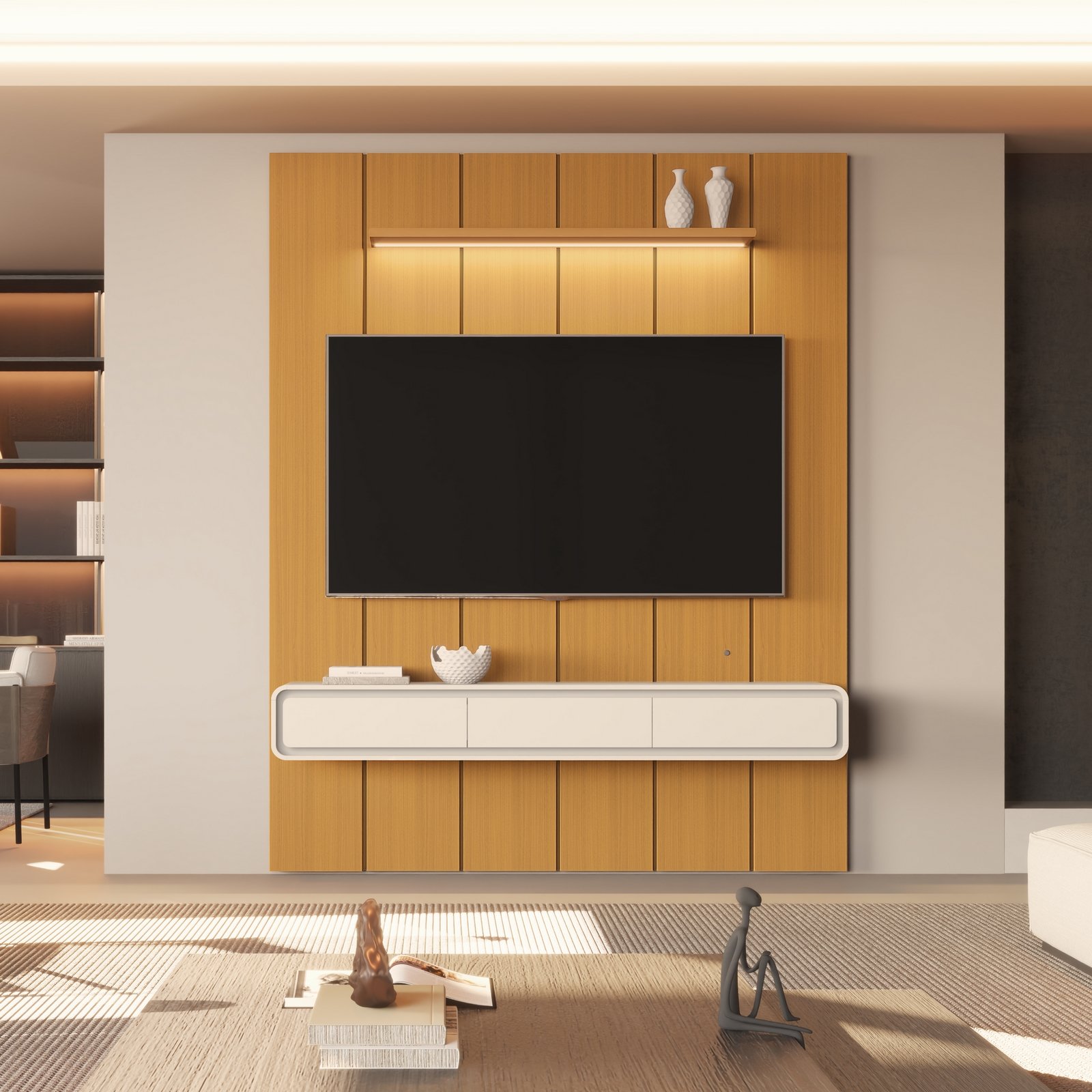 Painel até 75″ Lumi 1,88 m Cedro + Nicho Liv 1,80 Off White – EDN MÓVEIS - Imagem 3