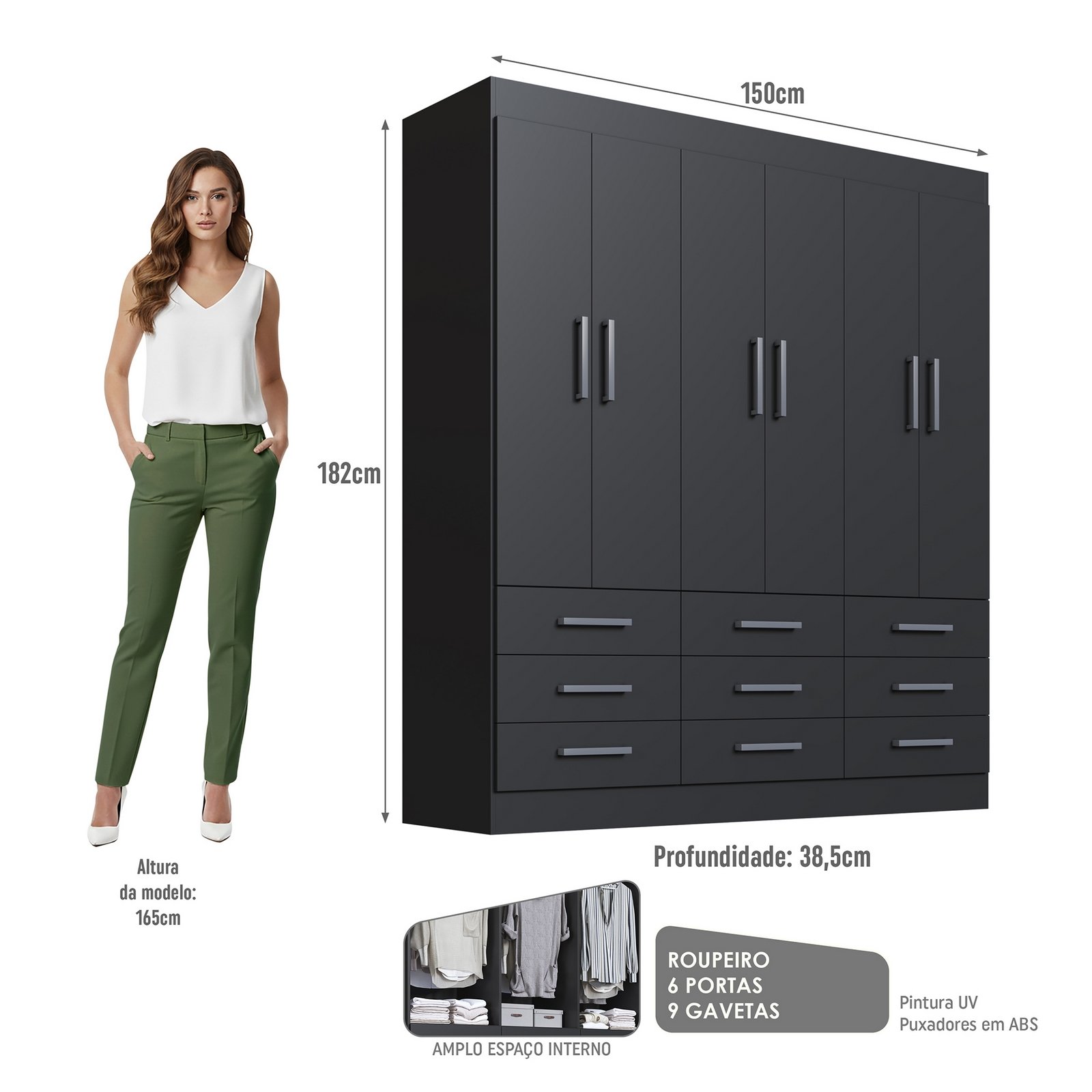 Guarda-Roupa 6 Portas Milão 1,50 m Preto - MÓVEIS CADORIN - Imagem 3