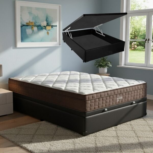 Colchão Casal Star One 30 cm D28/AG D70 + Base Baú Corino Preto – ANJOS + ALTO NÍVEL