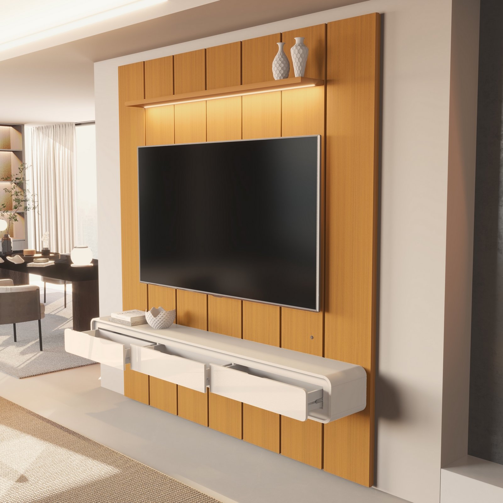 Painel até 75″ Lumi 2,19 m Cedro + Nicho Liv 2,18 m Off White – EDN MÓVEIS - Imagem 2
