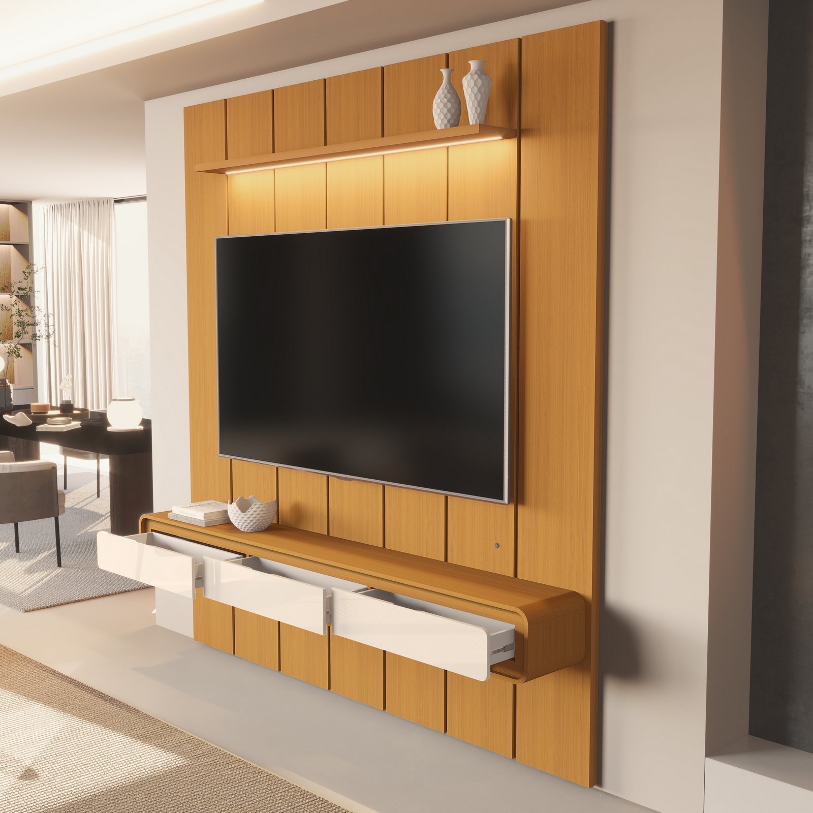 Painel até 75″ Lumi 2,19 m Cedro + Nicho Liv 2,18 m Cedro/Off White – EDN MÓVEIS - Imagem 2