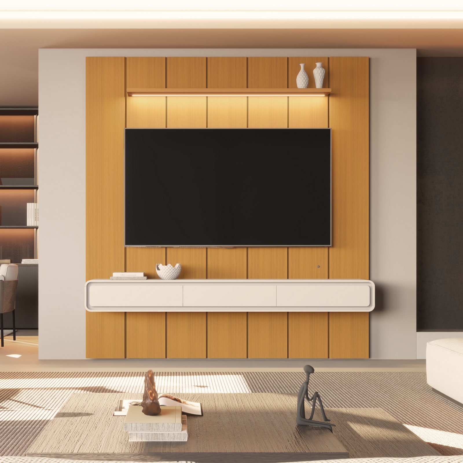 Painel até 75″ Lumi 2,19 m Cedro + Nicho Liv 2,18 m Off White – EDN MÓVEIS - Imagem 3